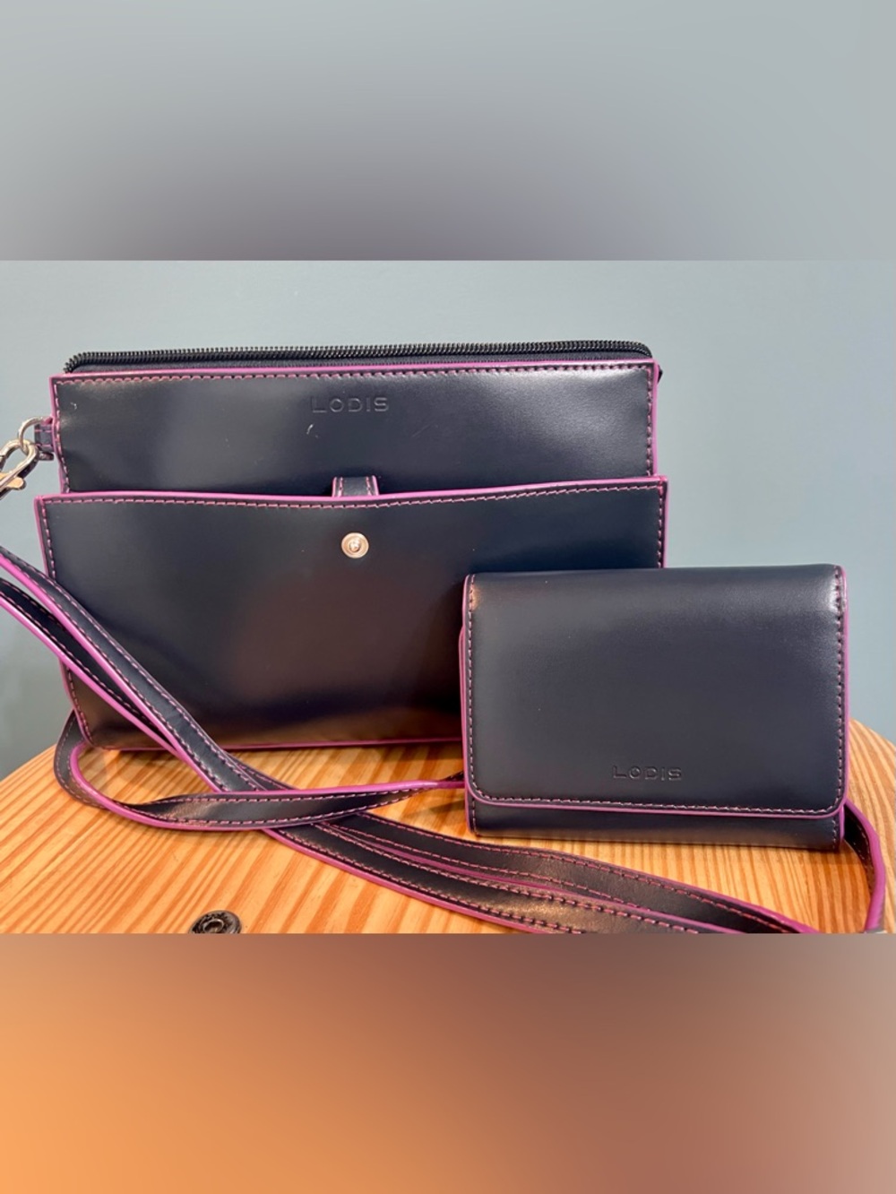 Lodis Black Leather Crossbody with Pink Trim and Stitching & Wallet